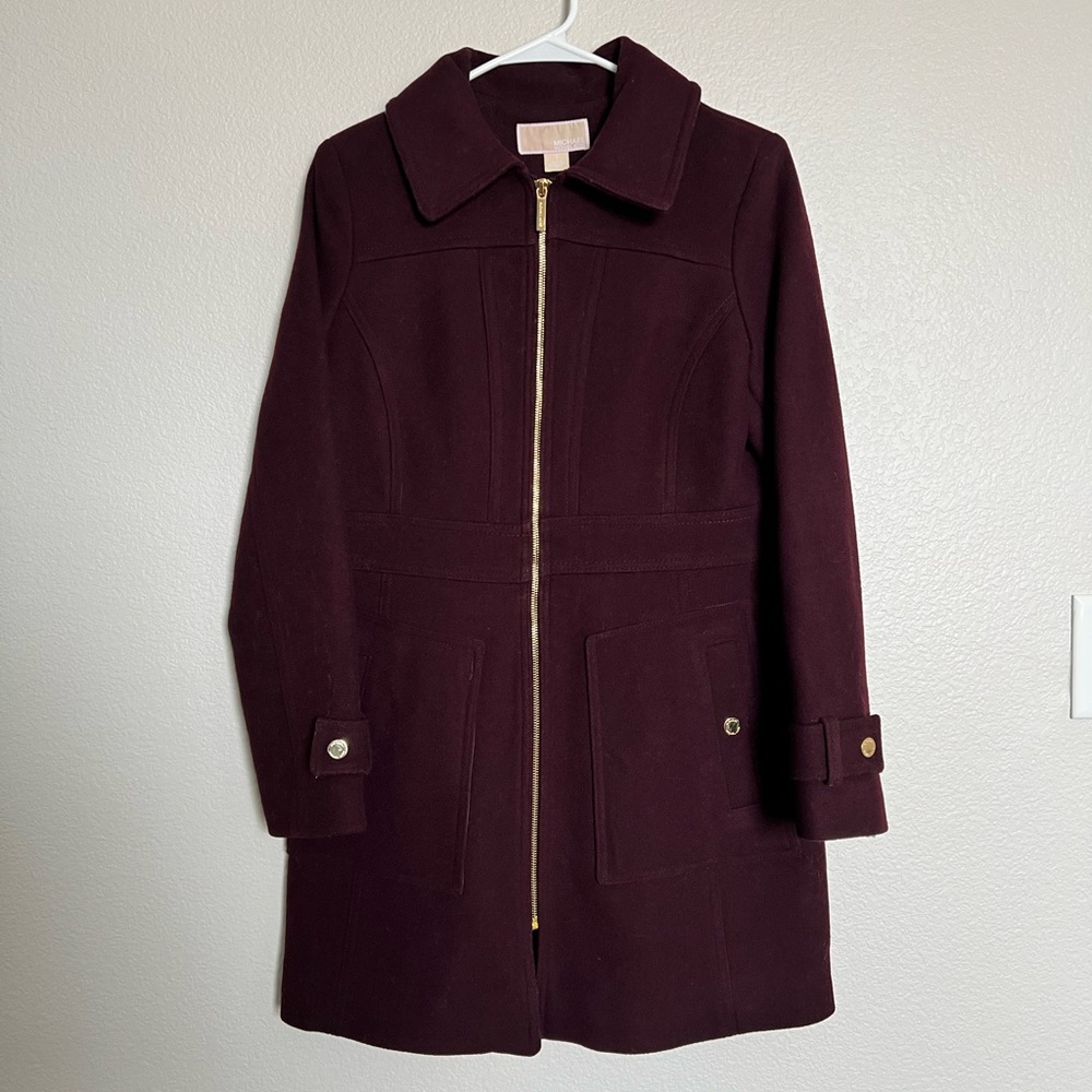 Michael Kors Women’s Plum Wool Blend Zip Front Coat Gold Hardware Size S